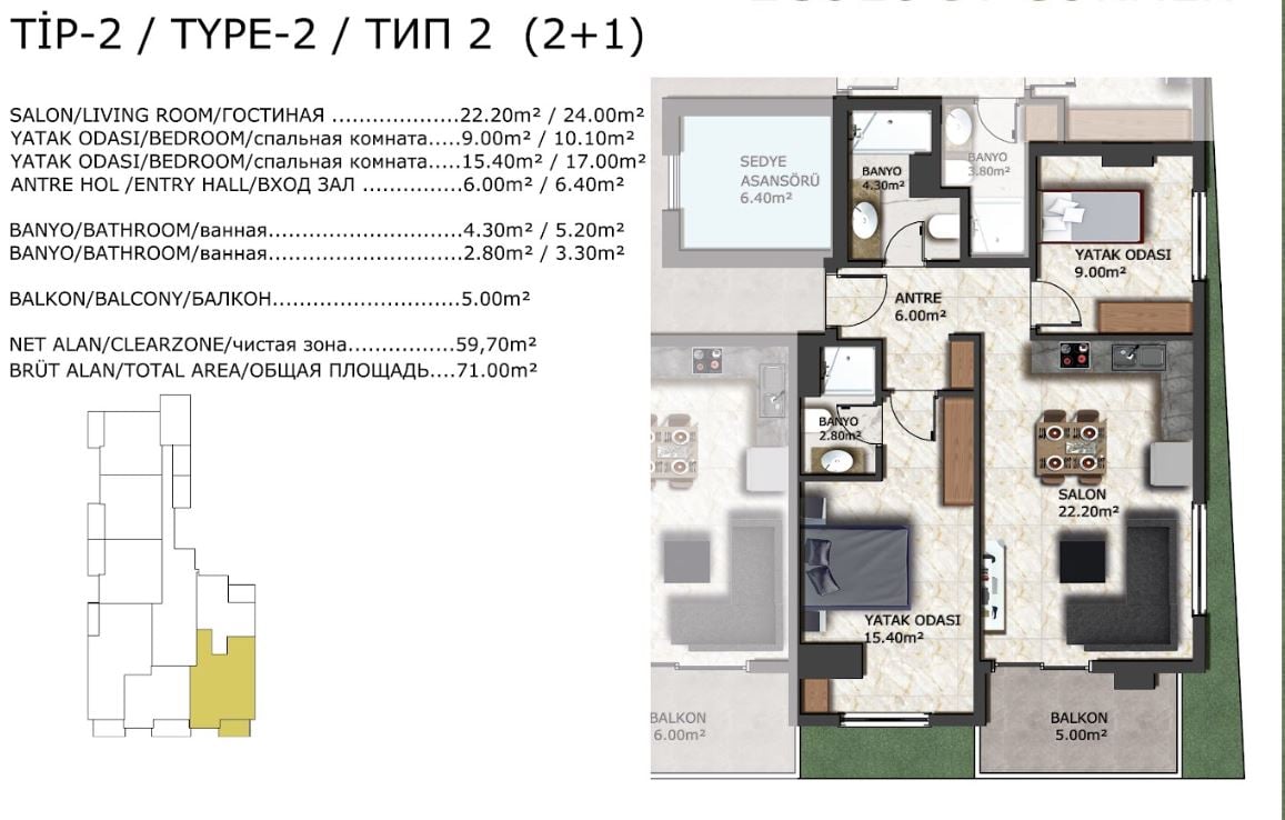 2 bedroom apartment 76 m² Mahmutlar, Turkey