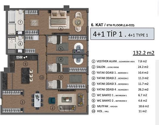 Квартира 5 комнат 225 м² Мраморноморский регион, Турция