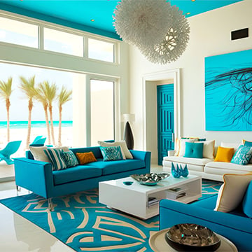 beachfront house full of cyan and white furniture 