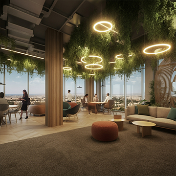 biophiles bürodesign mit modernen sitzgelegenheiten und großen fenstern biophiles bürodesign mit modernen sitzgelegenheiten und großen fenstern