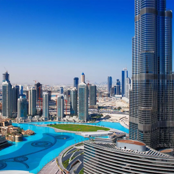 city view with large river like pool in dubai city view with large river like pool in dubai