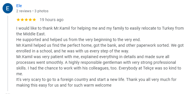 TEKCE Real Estate customer review Kamil Ertürk