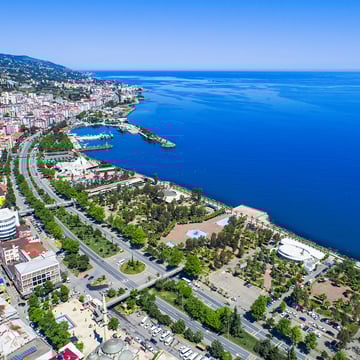 Panoramic view of Ortahisar, Trabzon city center, showing historic landmarks and Black Sea, prime real estate area
