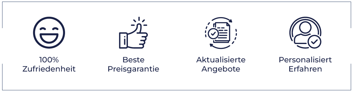 100 % Zufriedenheit, Bestpreisgarantie, aktualisierte Angebote, personalisierte Erfahrung
