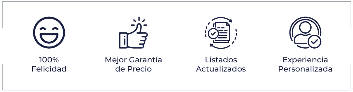 100% Felicidad, garantía del mejor precio, listados actualizados, experiencia personalizada