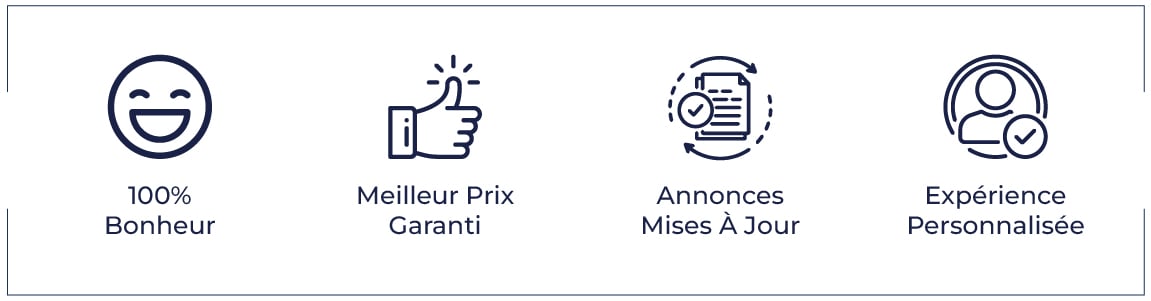 100 % satisfaction, garantie du meilleur prix, annonces mises à jour, expérience personnalisée